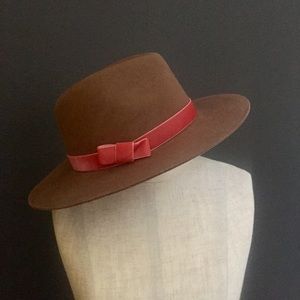 Flat Brim Fedora Hat Wool Felt Pink Ribbon